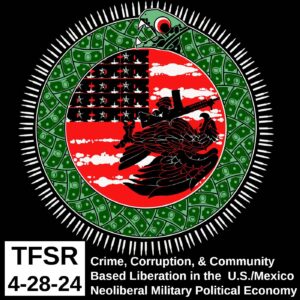Book cover of the "Weapons, Drugs and Money" featuring a snake eating it's own tail, ringed by bullets encircling a US flag made of lines of cocaine and razors with a dead eagle clutching an assault rifle